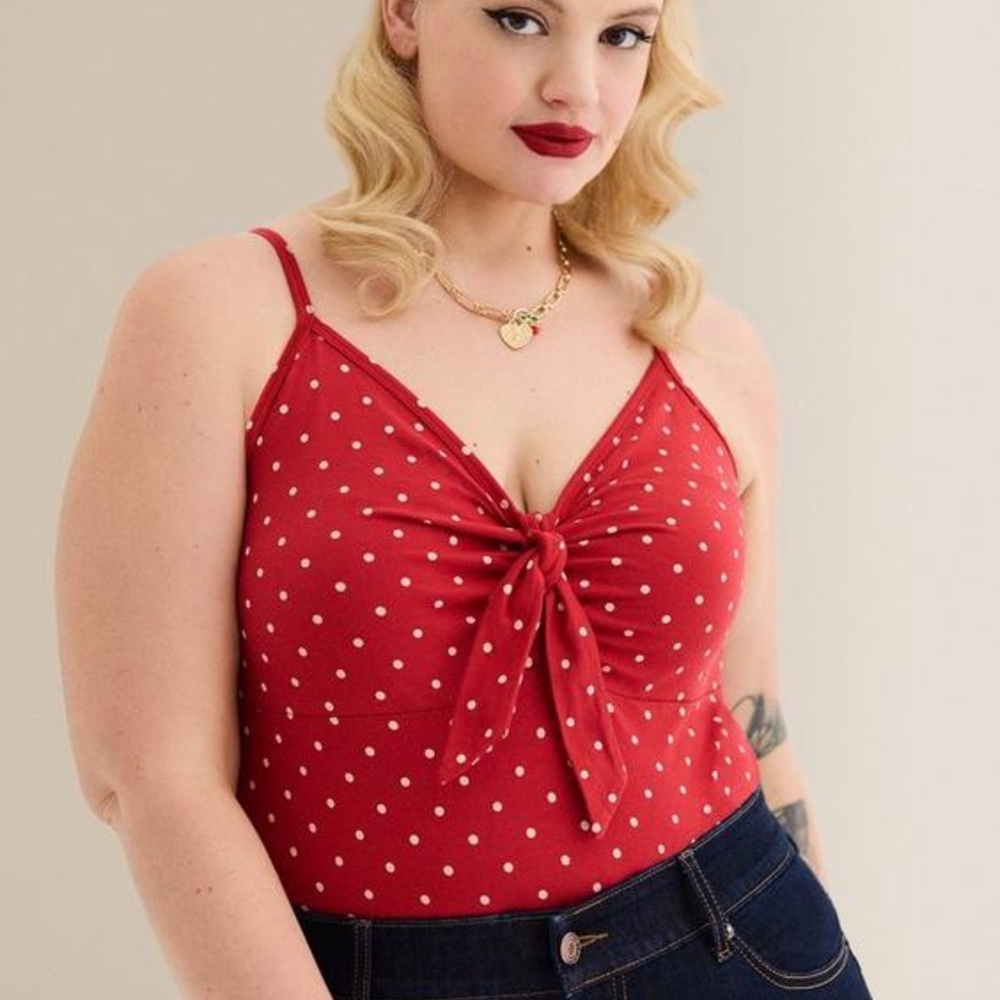 Torrid Red and White Tie Front Fitted Bodysuit